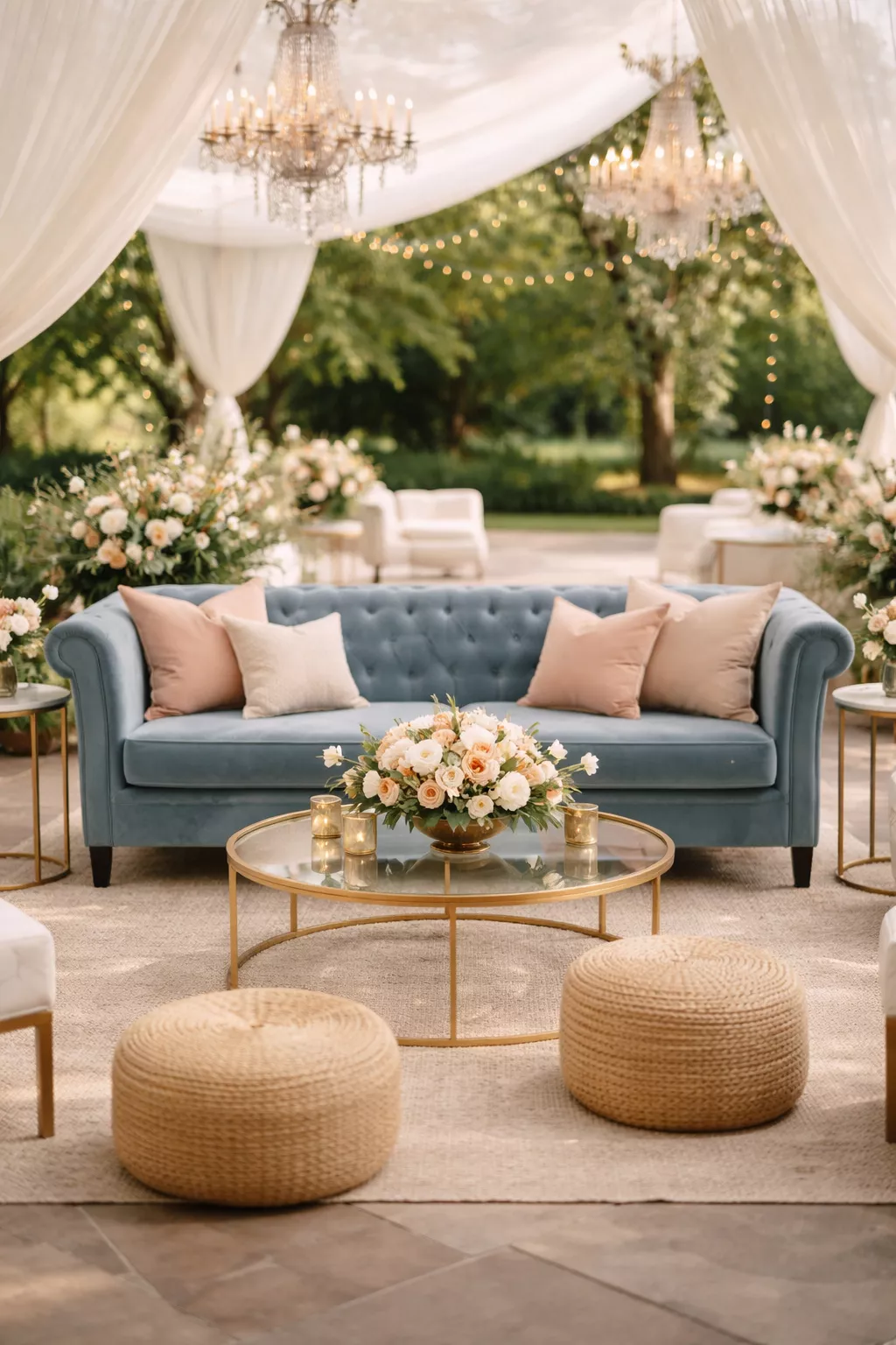 A realistic photo of a wedding lounge area with a dusty blue velvet sofa and peach throw pillows on a neutral colored rug