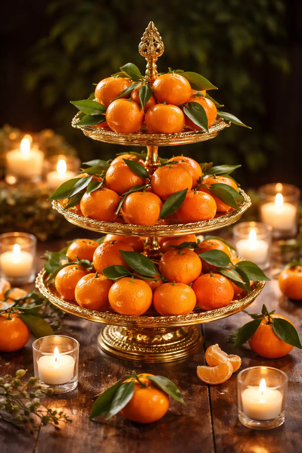 A realistic photo of a tiered gold stand stacked with whole orange mandarins surrounded by small tea light candles.