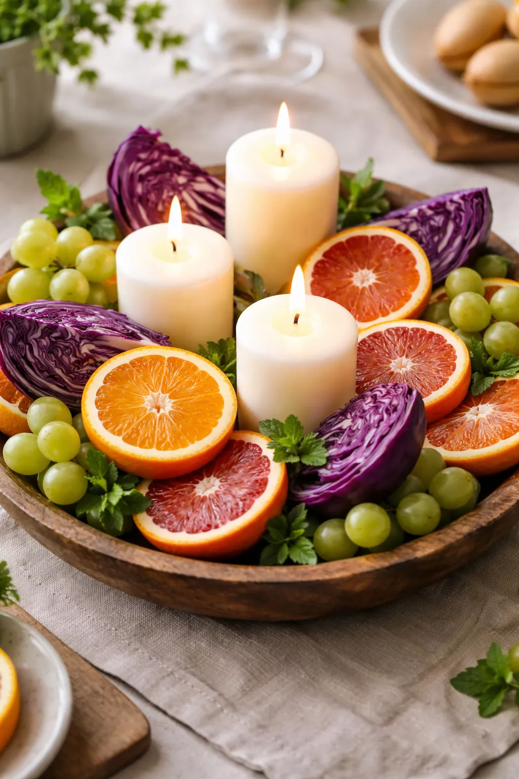 A realistic photo of a centerpiece featuring sliced orange citrus fruits, purple cabbage, and green grapes arranged in a shallow wooden bowl with white candles.