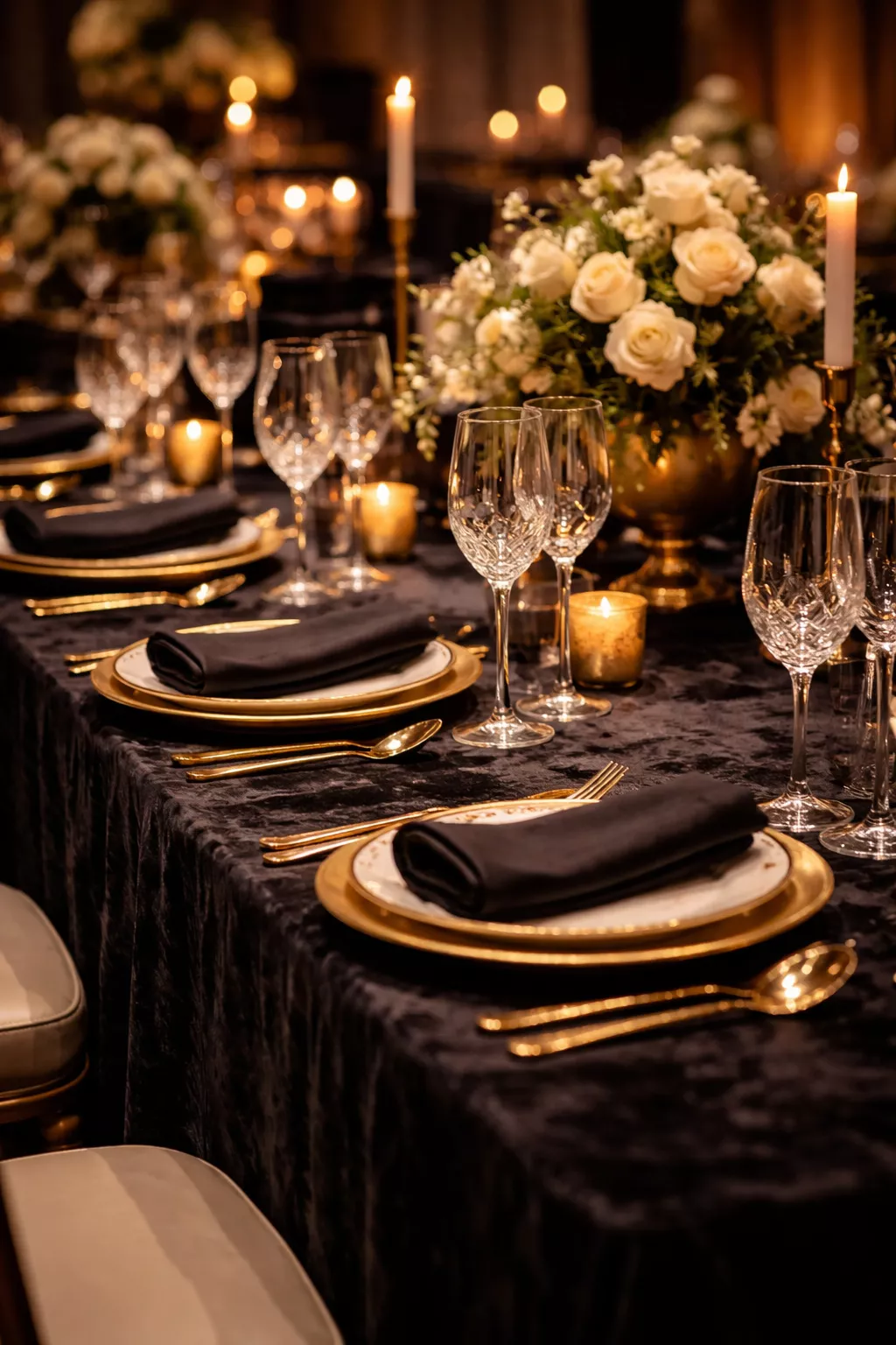 A realistic photo of a reception table covered in a thick black velvet tablecloth, featuring gold rimmed plates and crystal wine glasses under soft warm lighting.