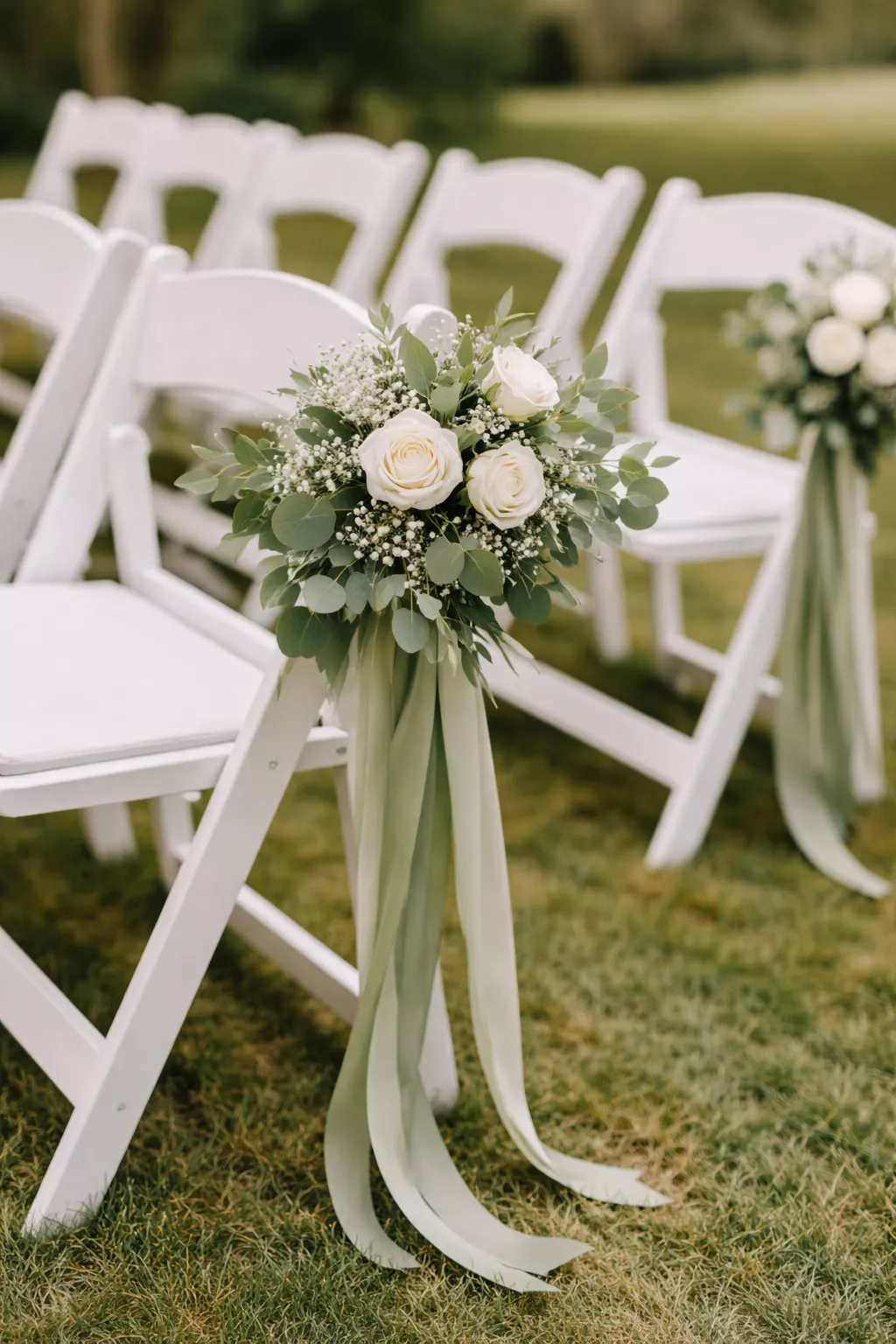 Aisle Chair Decorations A realistic photo of white wooden ceremony chairs with bundles of green eucalyptus and white roses tied to the side using long flowing sage green ribbons.