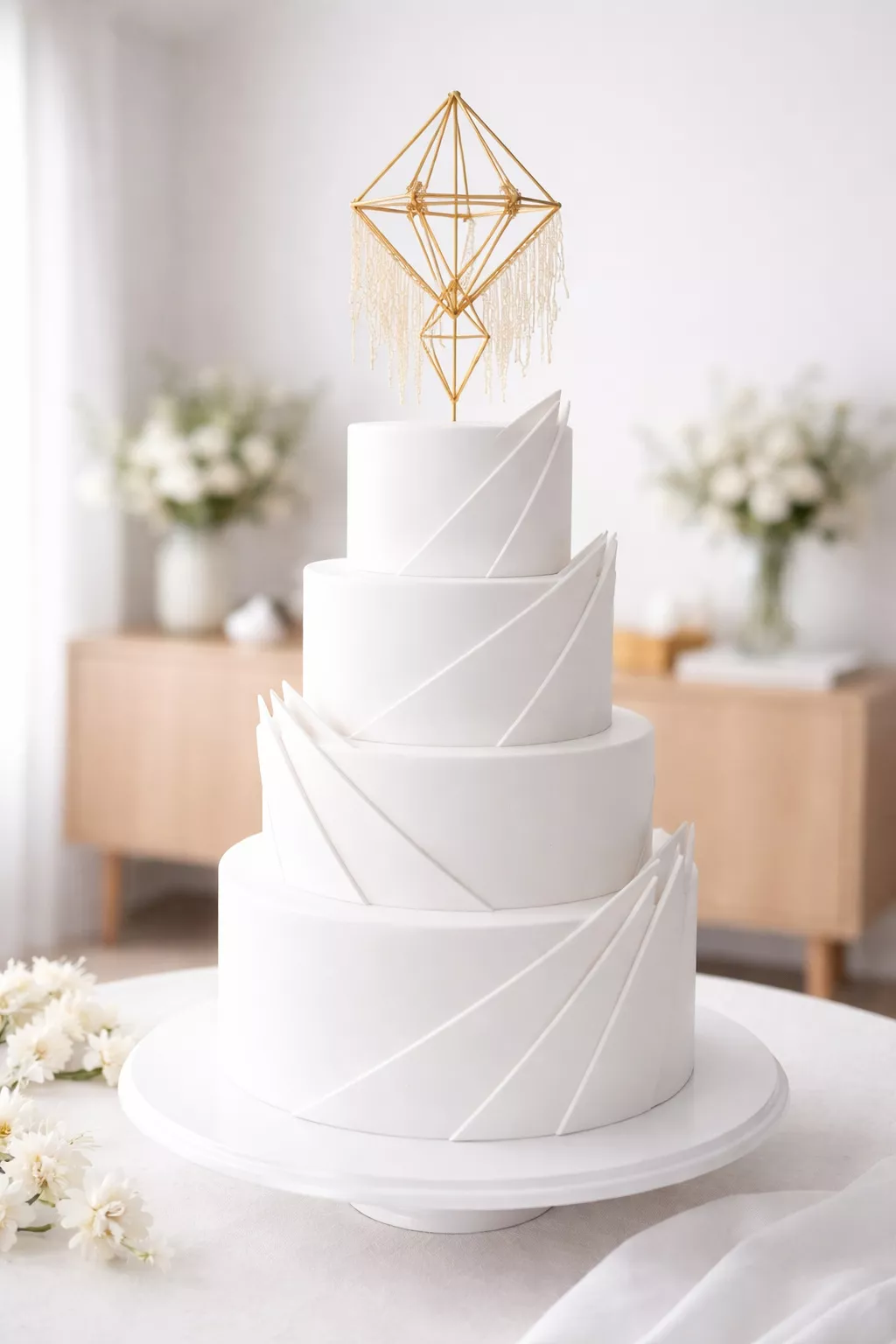 Angular Himmeii Cake A realistic photo of an all-white multi-tiered wedding cake with sharp angular detailing and a geometric himmeii-inspired topper made of gold rice paper, in a clean Scandinavian-style room.