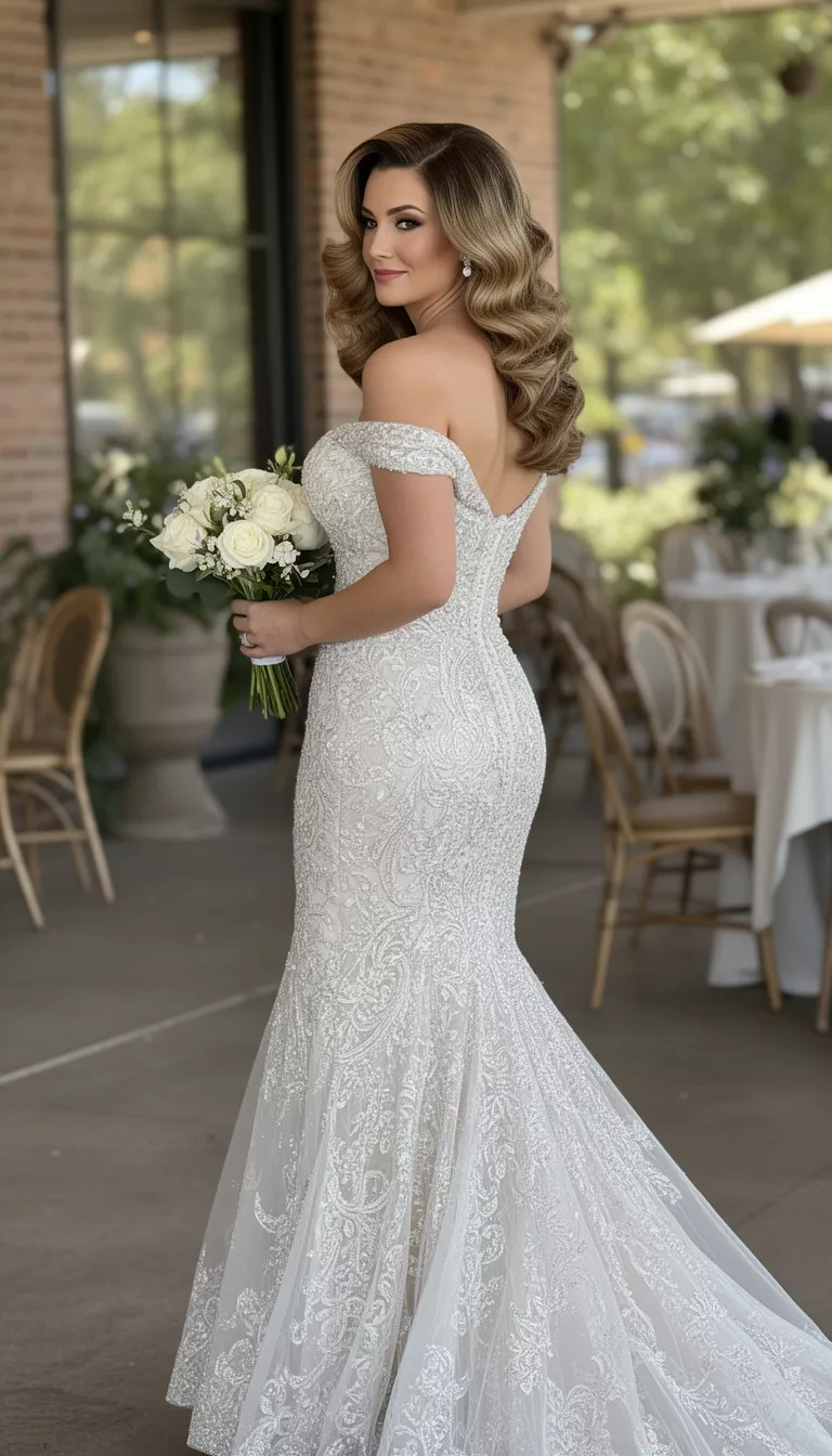 casual photo of a 32-year-old bride wearing a glamorous off-the-shoulder mermaid dress with structured Hollywood waves, side view, shot with an iPhone 15 Pro Max