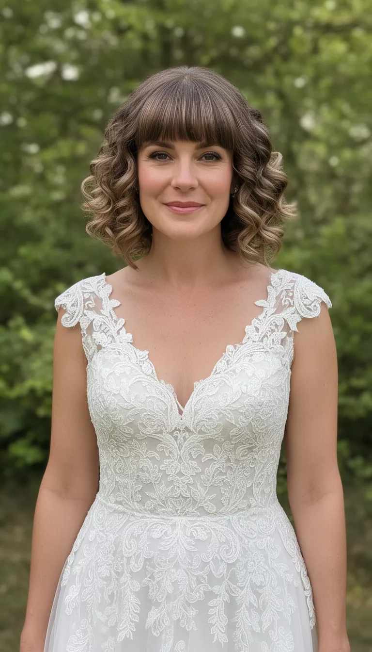 casual photo of a 39-year-old bride wearing a classic lace wedding gown with silky short curls and eyebrow-length bangs, shot with an iPhone 15 Pro Max
