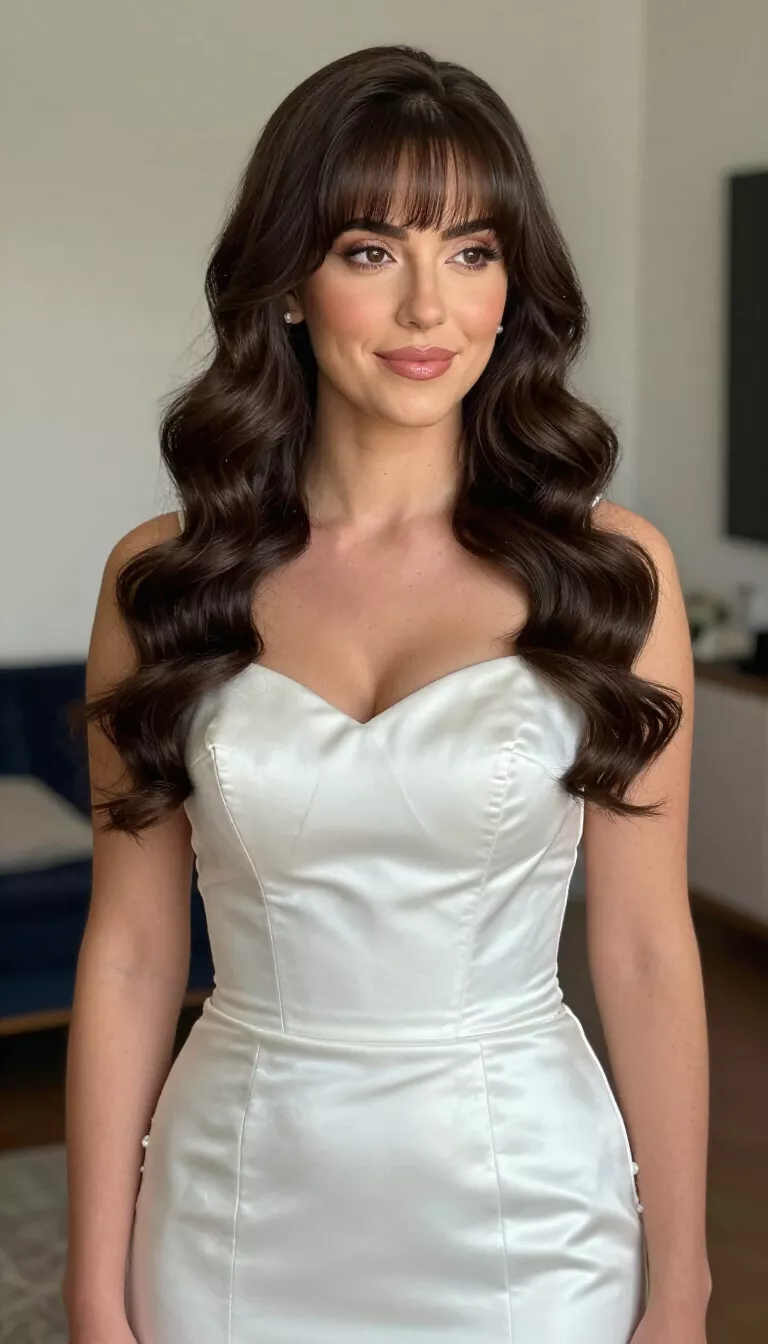 close-up realistic photo of a 28-year-old American bride wearing a satin mermaid wedding dress with Hollywood Waves with Curtain Bangs, shot with an iPhone 15 Pro Max