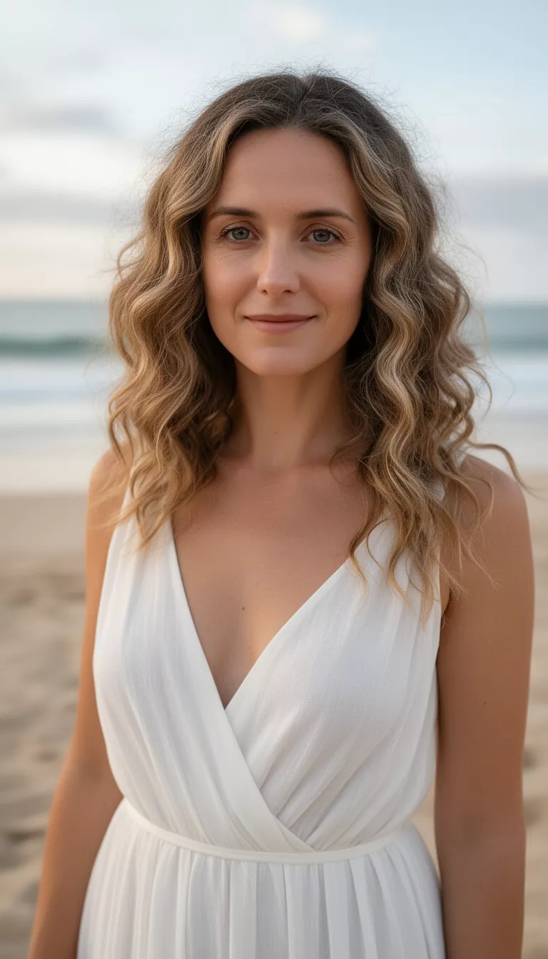 close-up casual photo of a 33-year-old bride wearing a relaxed beach wedding dress with soft undone curls, shot with an iPhone 15 Pro Max