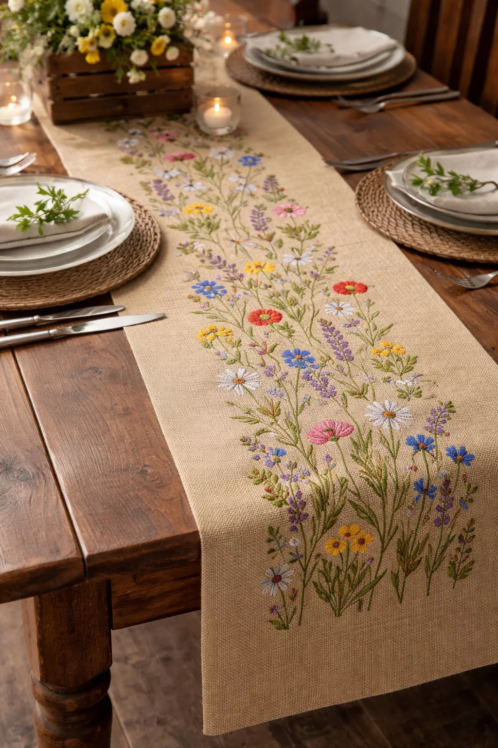 A realistic photo of a tan burlap table runner with embroidered colorful wildflowers on a wooden table with glass plates.