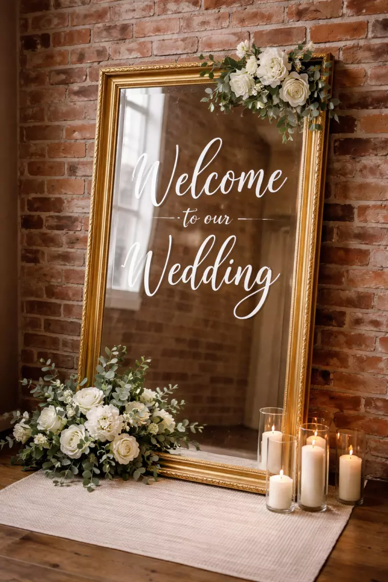 A realistic photo of a large gold framed floor mirror with white calligraphy text saying Welcome to our Wedding leaning against a brick wall.
