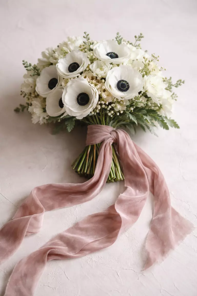 A realistic photo of a bridal bouquet of white anemones wrapped in a long trailing dusty rose velvet ribbon.