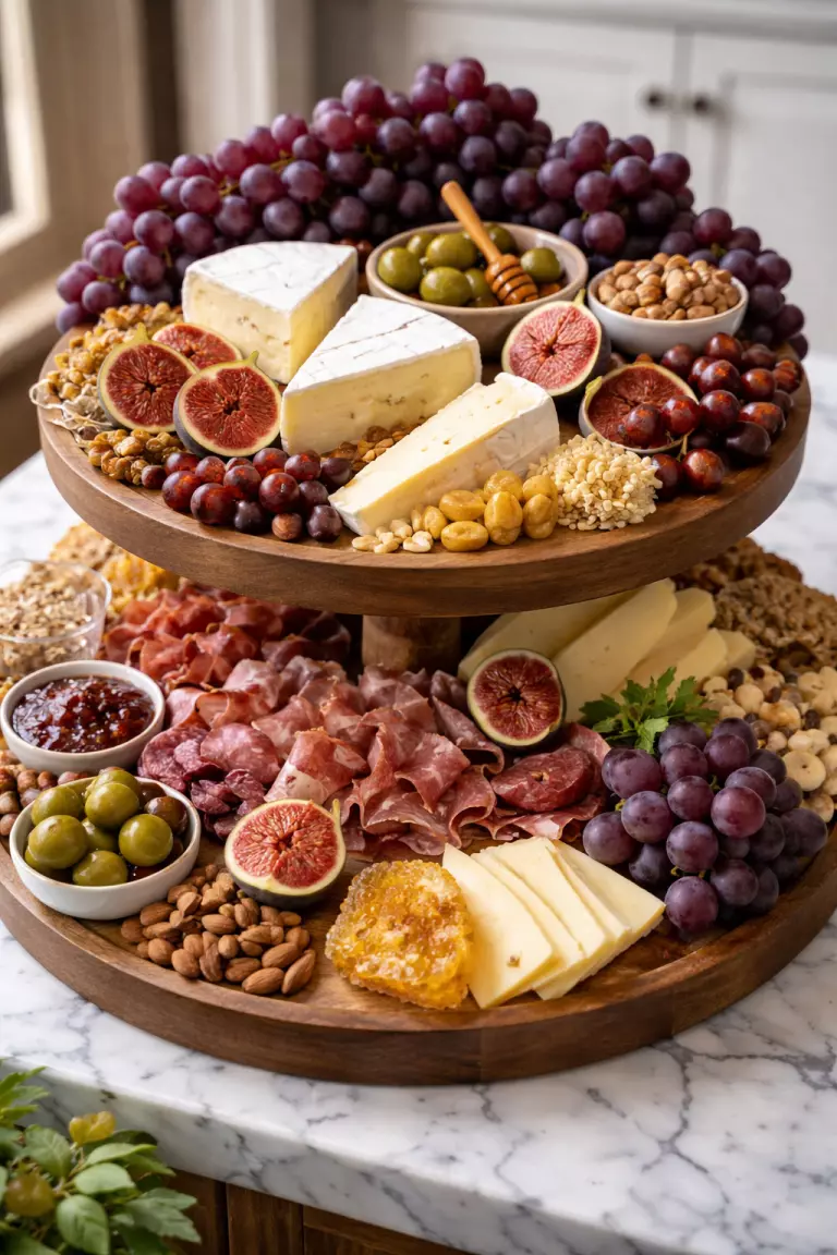 A realistic photo of a large marble charcuterie spread with clusters of purple grapes, wedges of brie cheese, and figs on a tiered wooden stand.