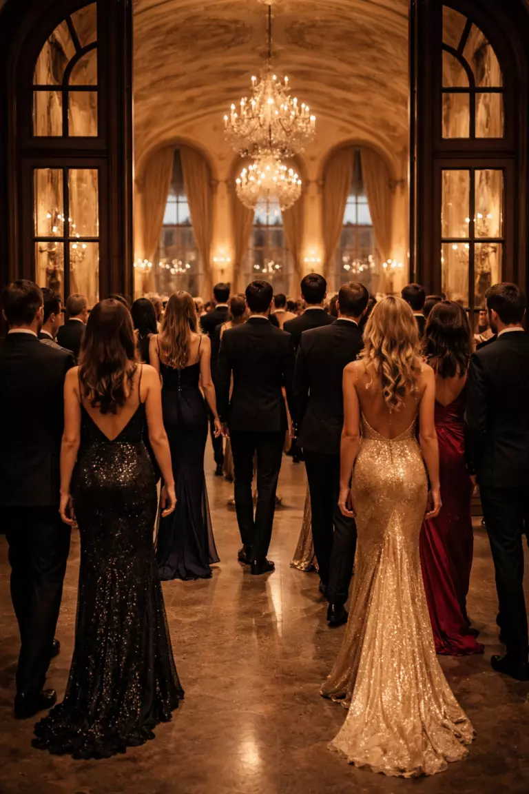 A realistic photo of wedding guests in black tuxedos and floor length evening gowns walking into a grand ballroom with tall arched windows.