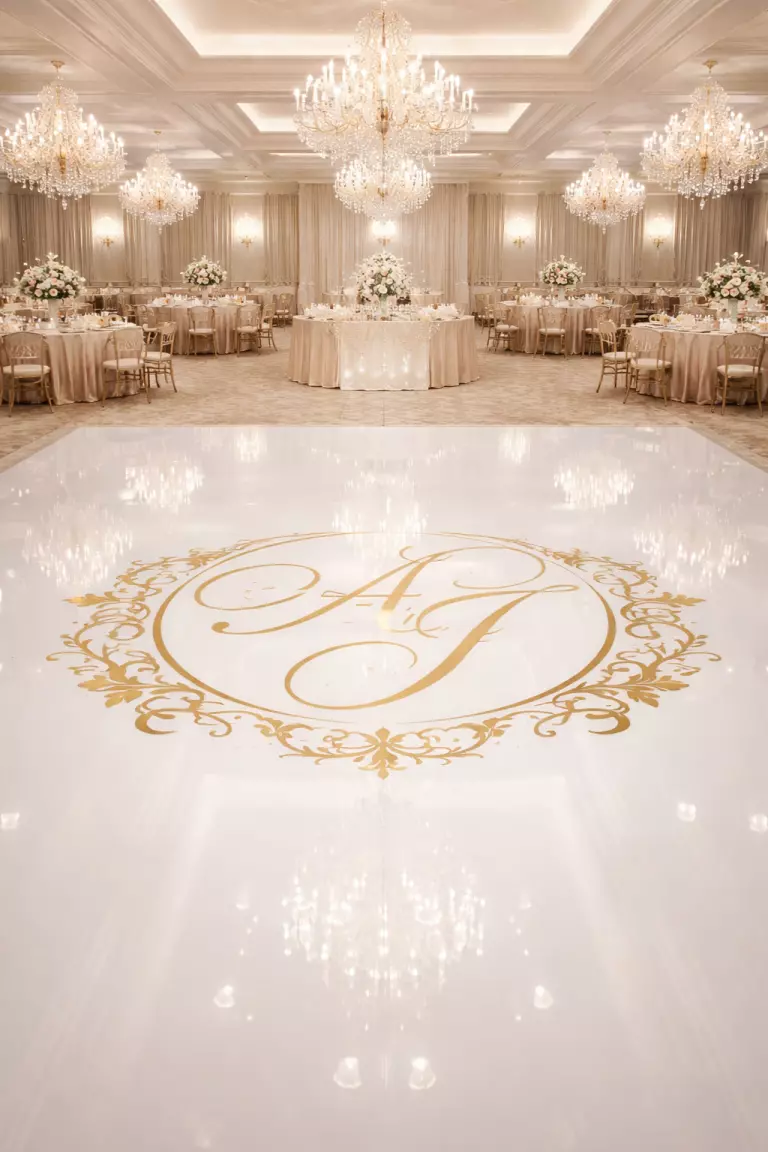 A realistic photo of a white polished dance floor in a ballroom with a large gold monogram in the center reflecting the ceiling lights.
