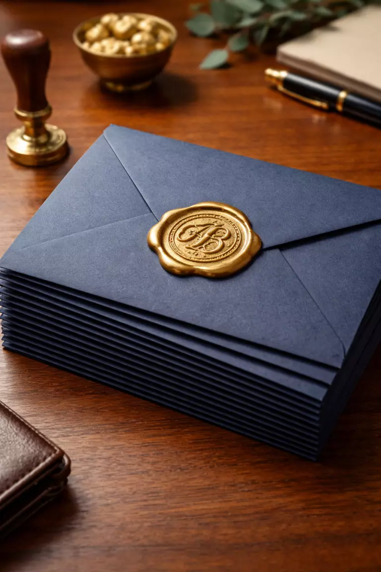 A realistic photo of a stack of navy blue envelopes featuring a gold wax seal with a custom monogram resting on a wooden desk.