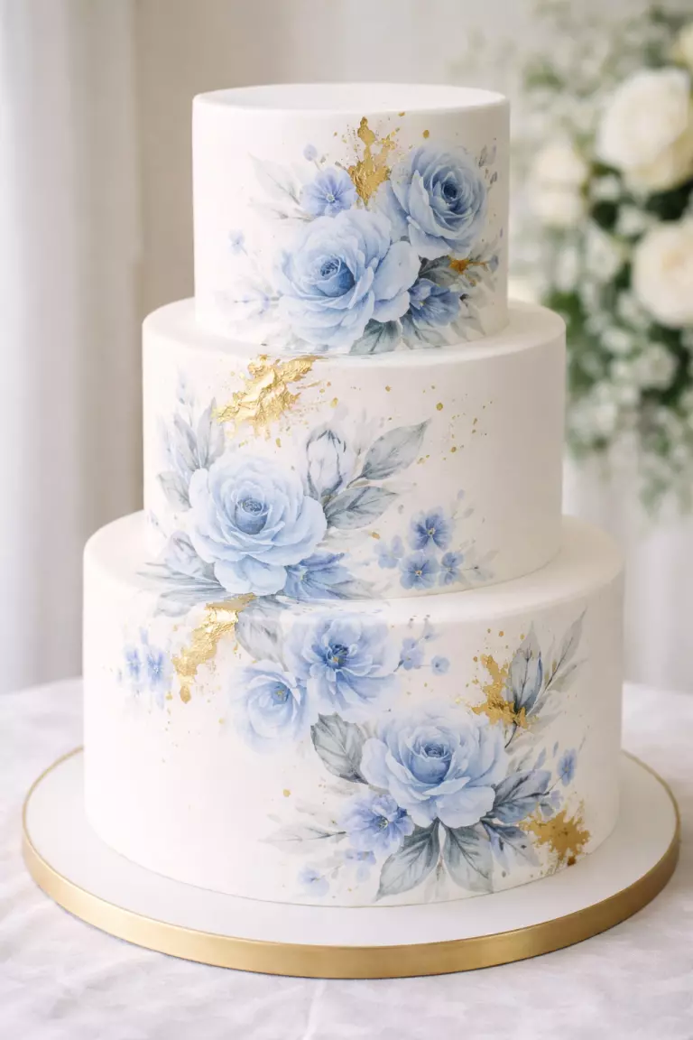 A realistic photo of a three tier white fondant cake featuring delicate hand painted blue watercolor flowers and gold leaf accents.