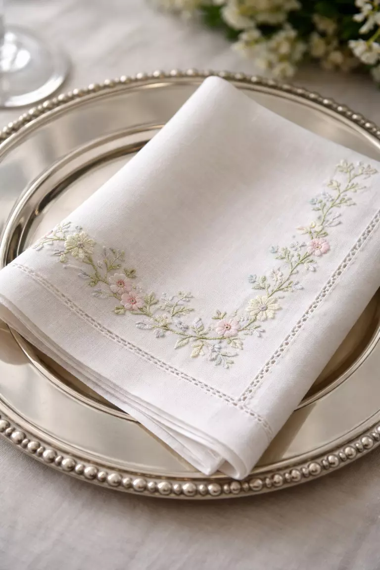 A realistic photo of a white linen dinner napkin with a delicate embroidered floral border resting on a silver plate.