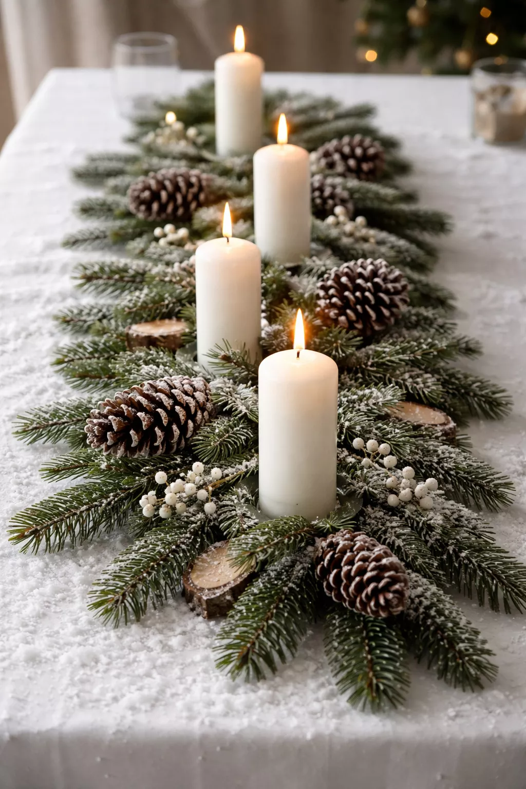 A realistic photo of a green fir branch runner with brown pinecones and tall white candles on a snowy white tablecloth.