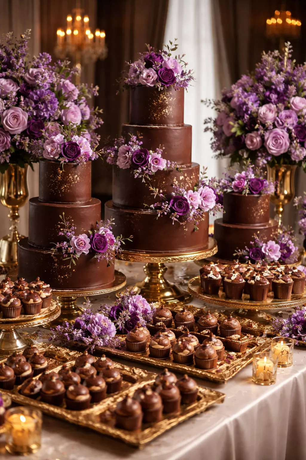 Chocolate Fondant Indulgence A realistic photo of a luxury wedding dessert table with chocolate brown tiered cakes, purple floral accents, and gold serving trays.