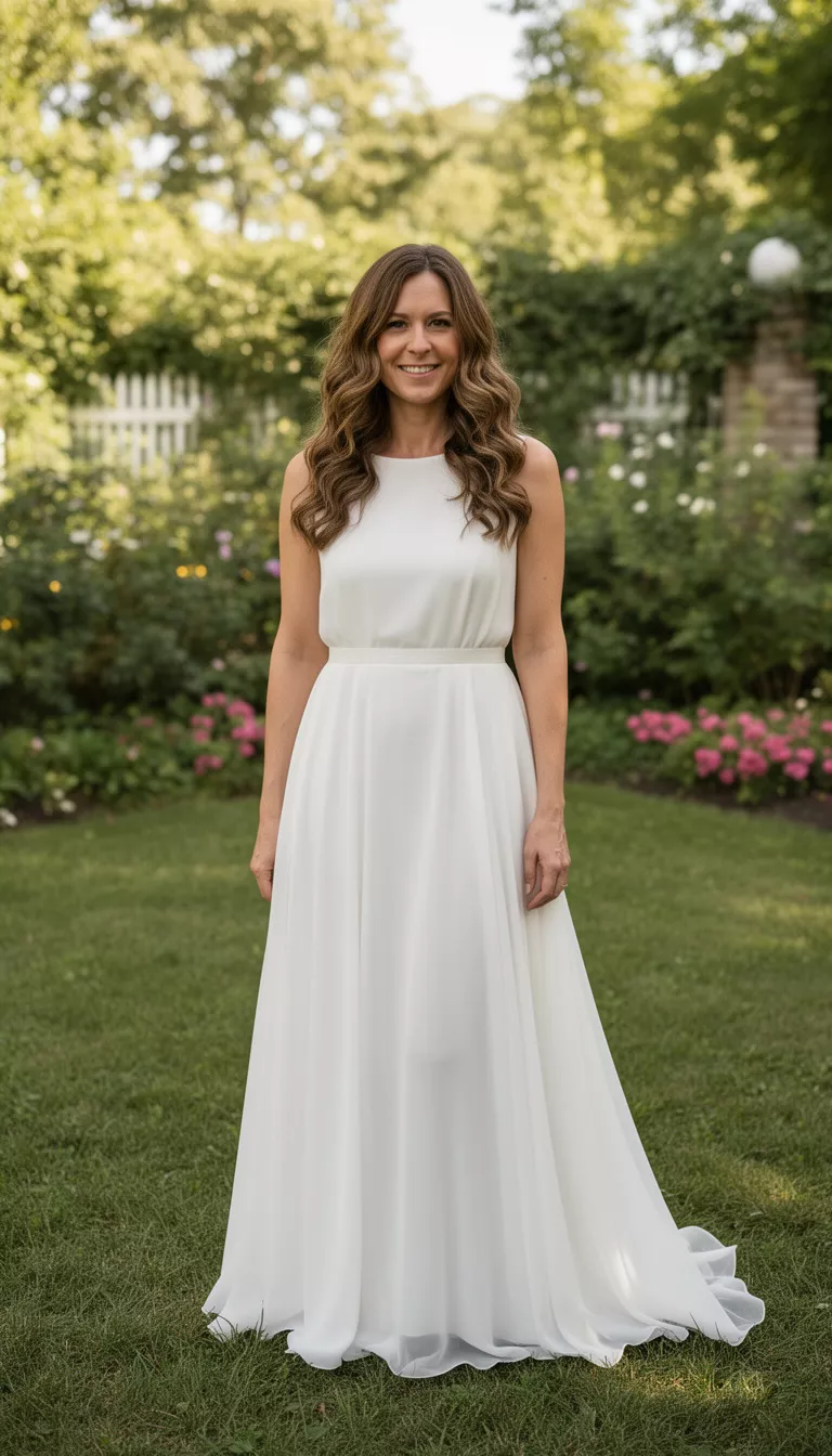 casual photo of a 34-year-old bride wearing a simple chiffon A-line dress with natural textured waves, shot with an iPhone 15 Pro Max