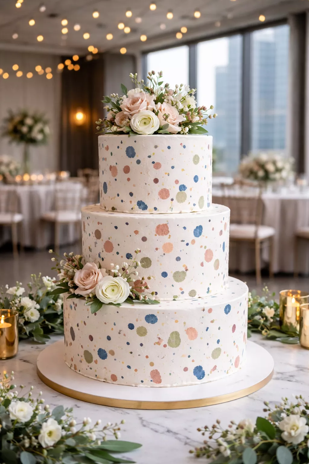 Terrazzo Pattern Cake A realistic photo of a three-tiered wedding cake with a terrazzo pattern of colorful edible flecks on a white base, resembling high-end interior tiles, in a modern urban venue.