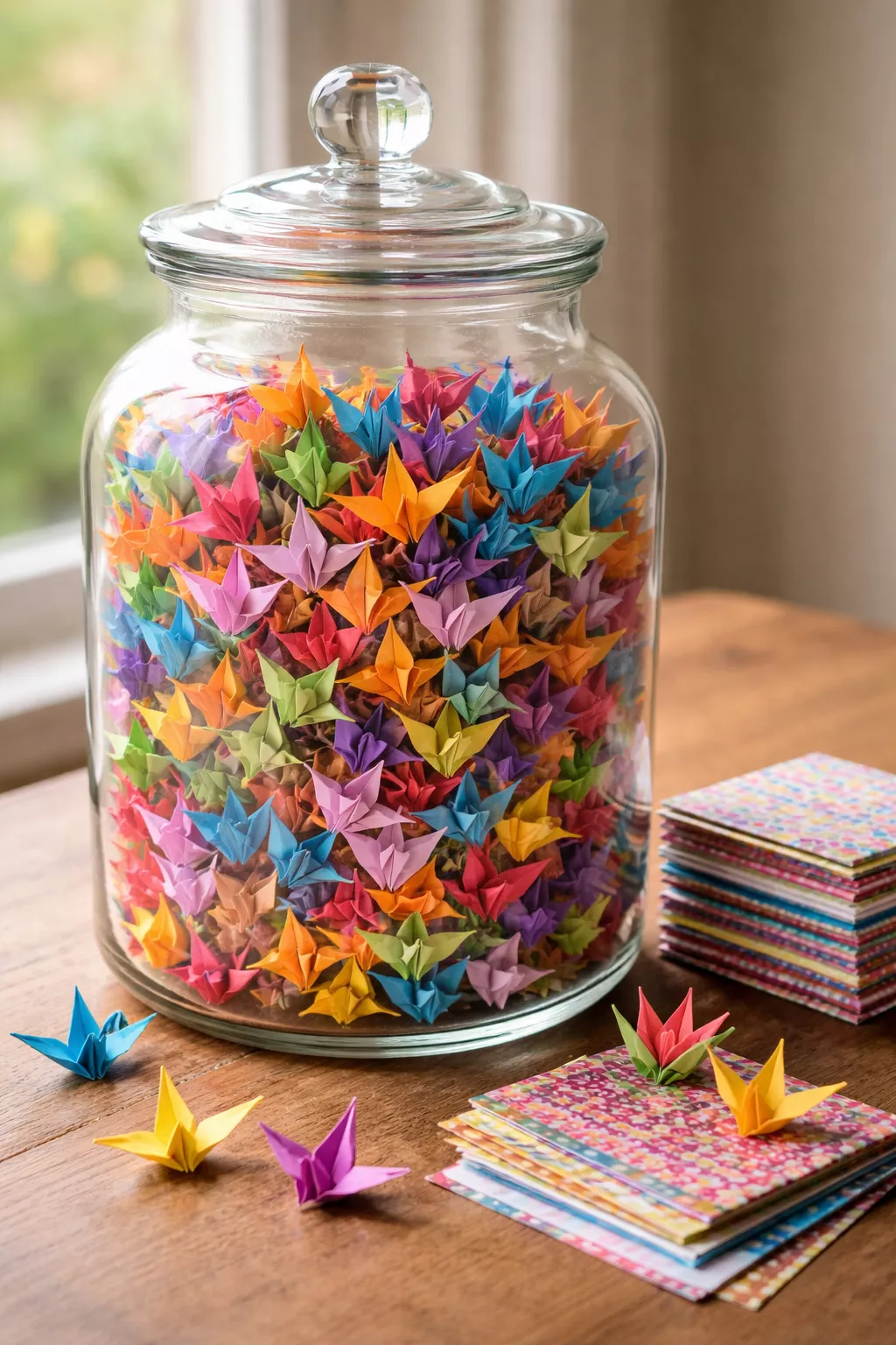 Origami Love Note Guestbook A realistic photo of a large glass apothecary jar filled with many small colorful paper origami cranes, with a stack of square patterned paper nearby.