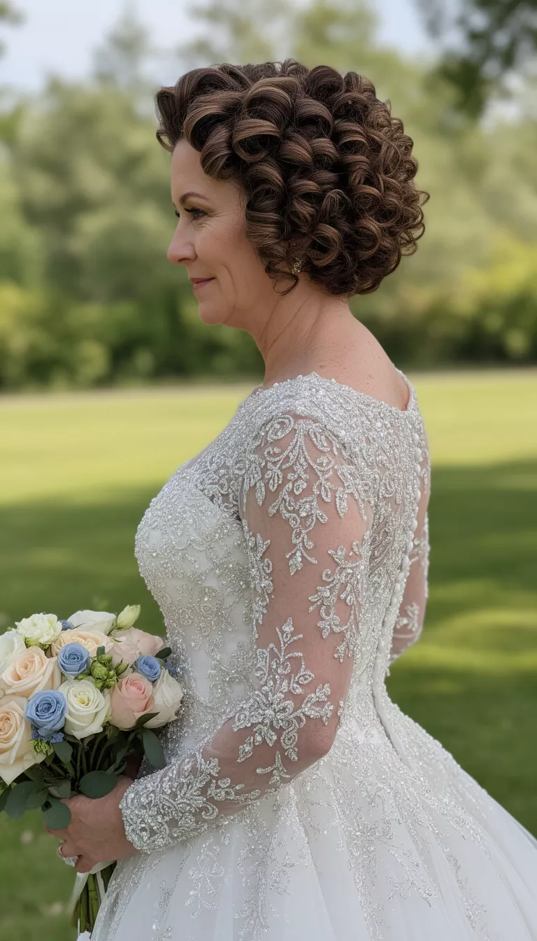 casual photo of a 44-year-old bride wearing a beaded glamour wedding gown with barrel curls on short hair, side view, shot with an iPhone 15 Pro Max