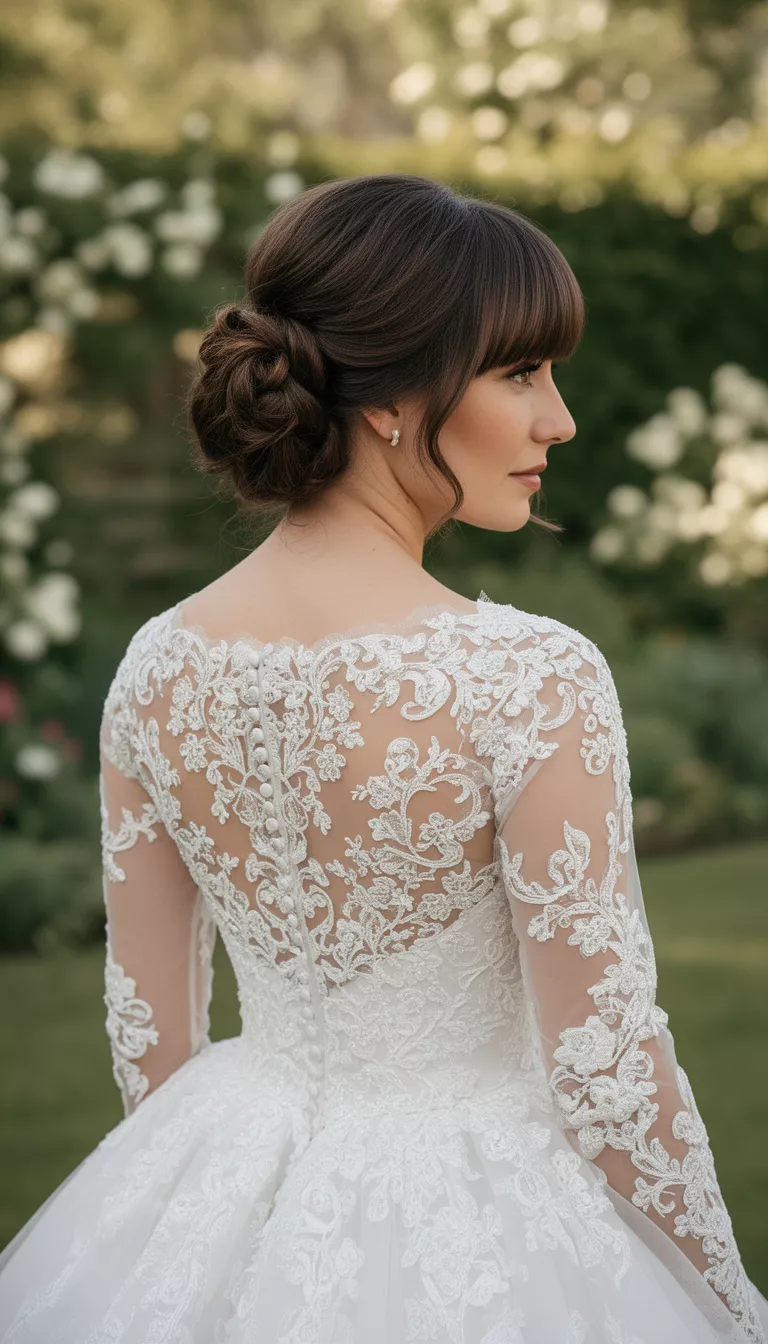 close-up casual photo of a 30-year-old bride wearing a traditional lace ballgown with a Classic Updo with Face Framing Bangs, back view, shot with an iPhone 15 Pro Max