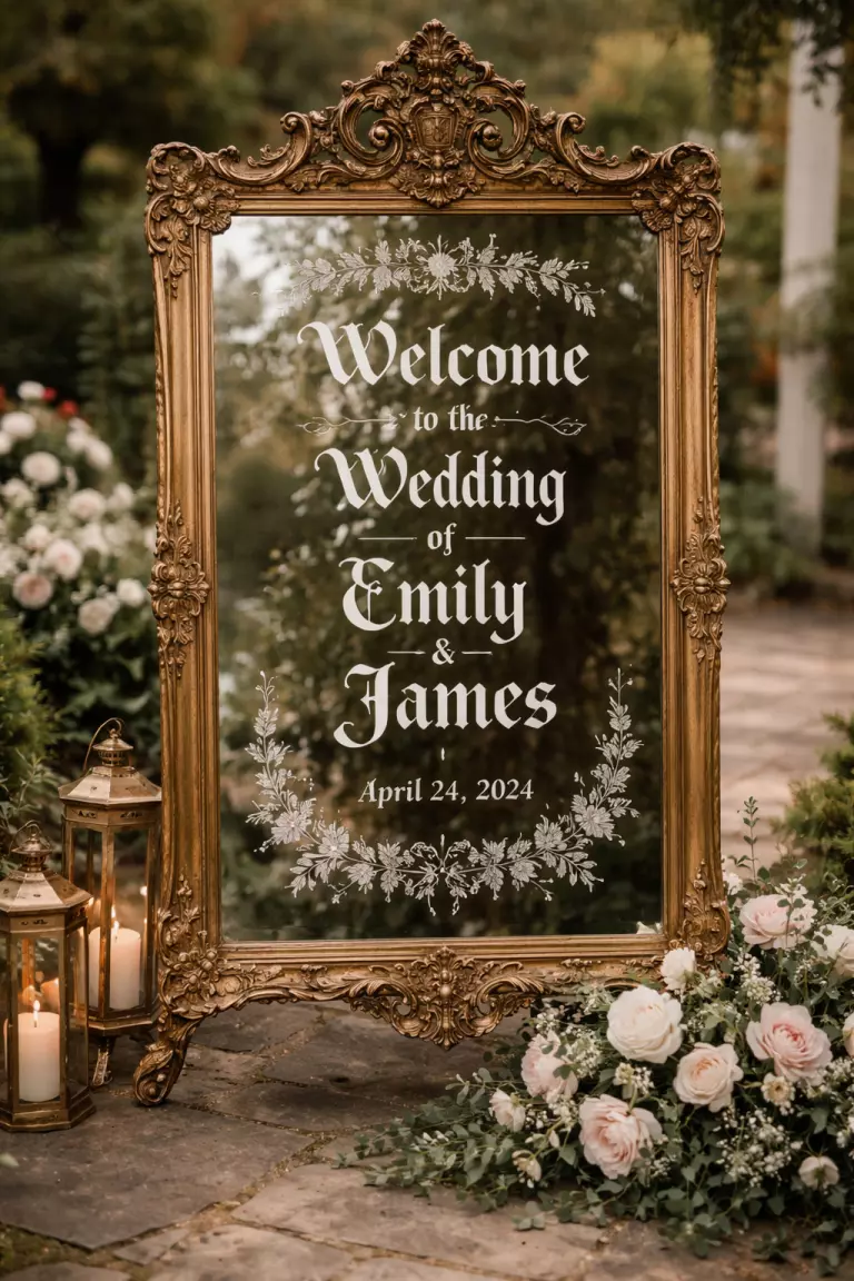 A realistic photo of an ornate antique floor mirror with Victorian gold framing and white gothic calligraphy writing a welcome message for wedding guests.