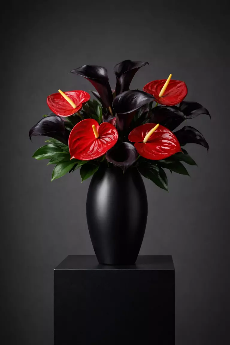 A realistic photo of a modern black vase holding glossy scarlet anthuriums and dark calla lilies on a sleek black pedestal.