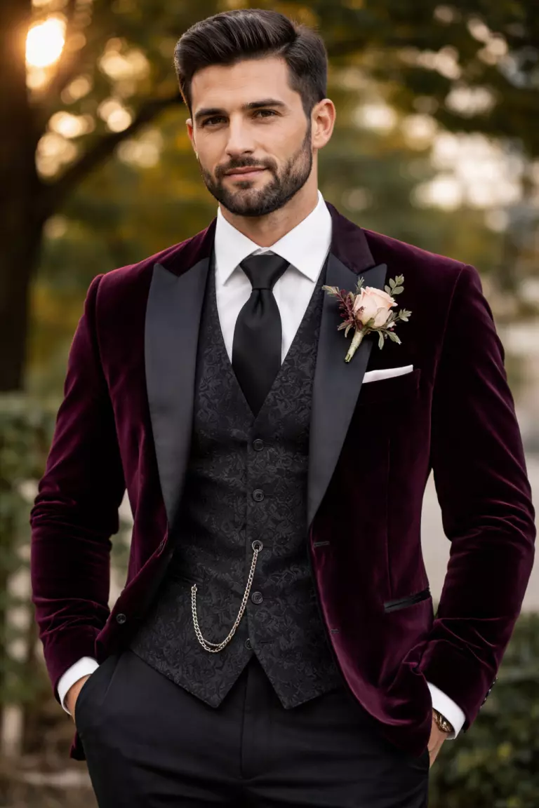 A realistic photo of a groom wearing a deep burgundy velvet suit jacket with a black brocade waistcoat and a silver pocket watch chain.