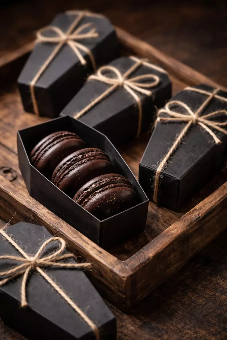 A realistic photo of small black cardboard coffin boxes tied with twine, containing dark chocolate macarons on a rustic wooden tray.