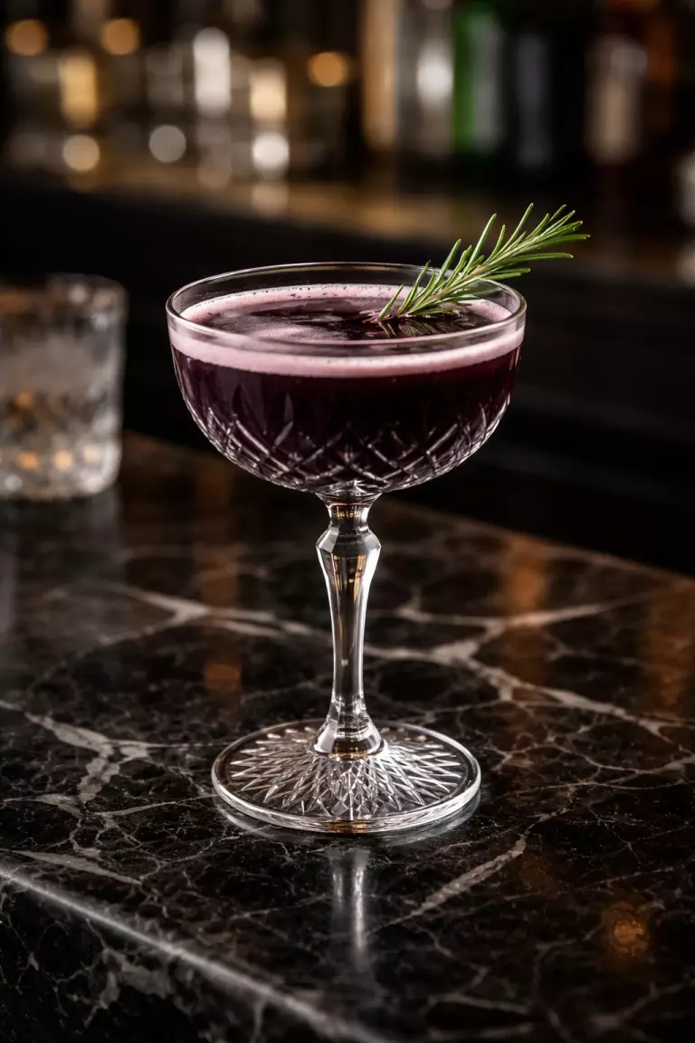A realistic photo of a dark purple cocktail in a crystal coupe glass with a sprig of rosemary, sitting on a black marble bar top.