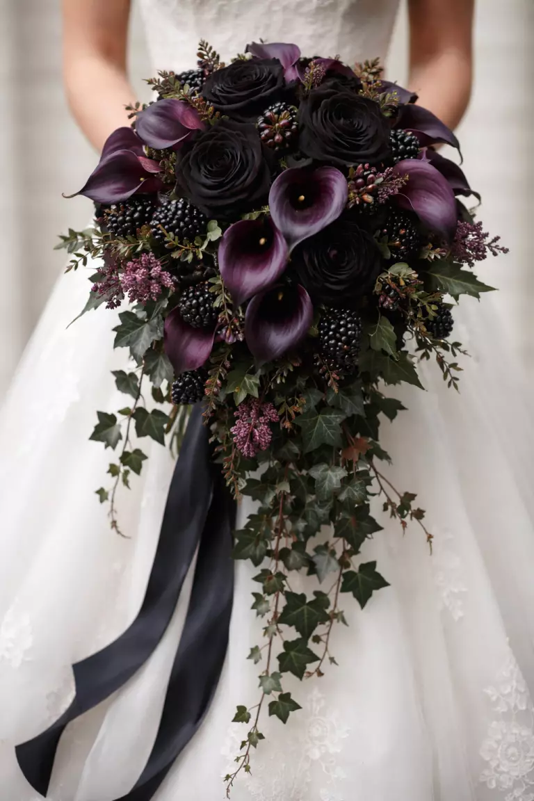A realistic photo of a cascading bridal bouquet featuring black baccara roses, deep purple calla lilies, dark ivy, and small clusters of blackberries tied with a long black silk ribbon.