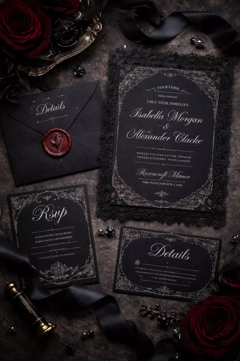 A realistic photo of a gothic wedding invitation suite on black cardstock with intricate silver calligraphy, a crimson wax seal featuring a raven motif, and a delicate black lace border.