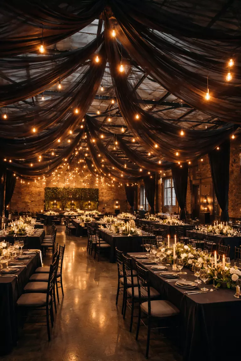A realistic photo of a large industrial reception hall with sheer black fabric draped elegantly across the ceiling, catching the glow of hanging amber Edison bulbs.