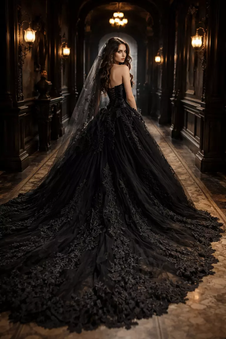 A realistic photo of a bride wearing a dramatic black lace wedding gown with a long train and corset bodice, standing in a dimly lit Victorian hallway.