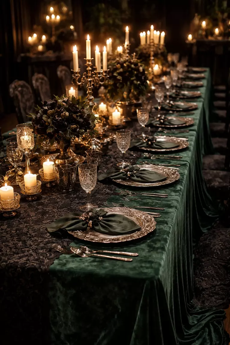 A realistic photo of a long banquet table covered in emerald green velvet fabric with black lace runners and antique silver plates reflecting soft candlelight.