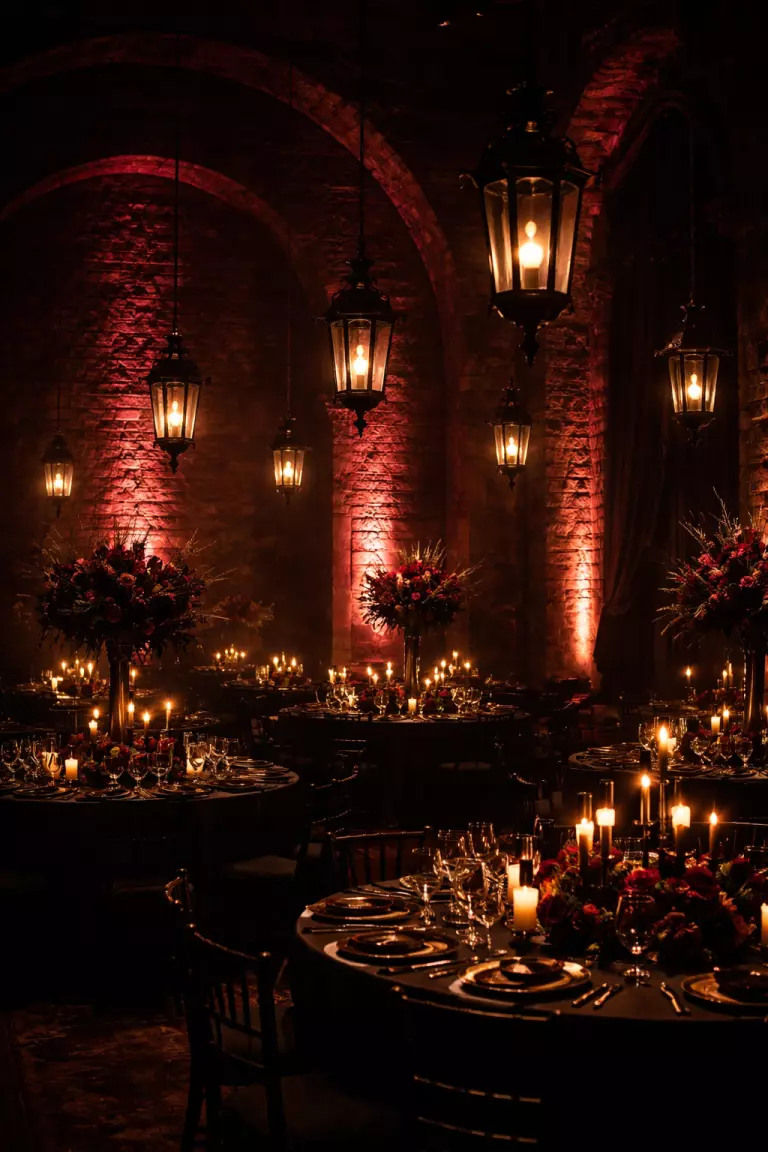 A realistic photo of a dark ballroom with burgundy uplighting illuminating the stone walls and several black lanterns hanging from the ceiling.