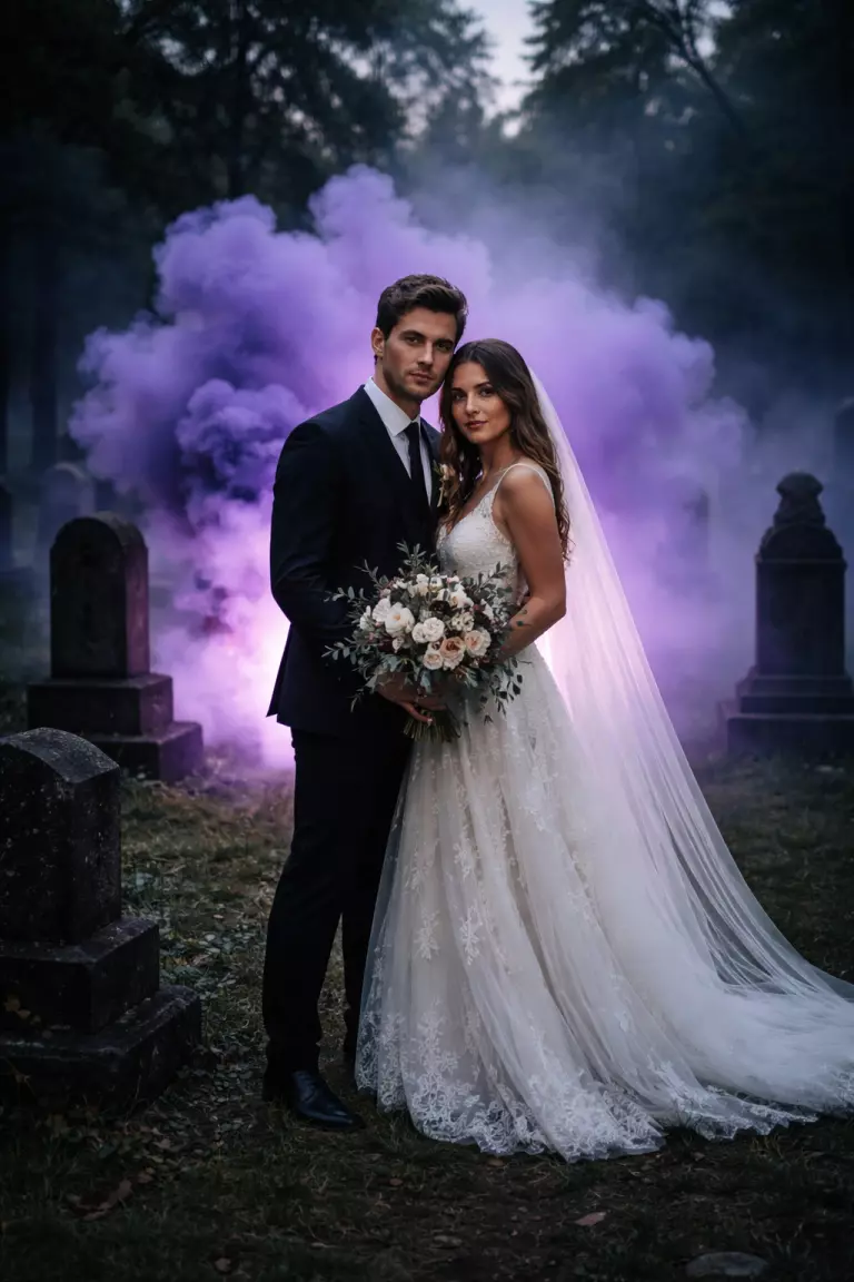 A realistic photo of a bride and groom standing in a misty graveyard at twilight, with a single purple smoke bomb creating a hazy cloud behind them.
