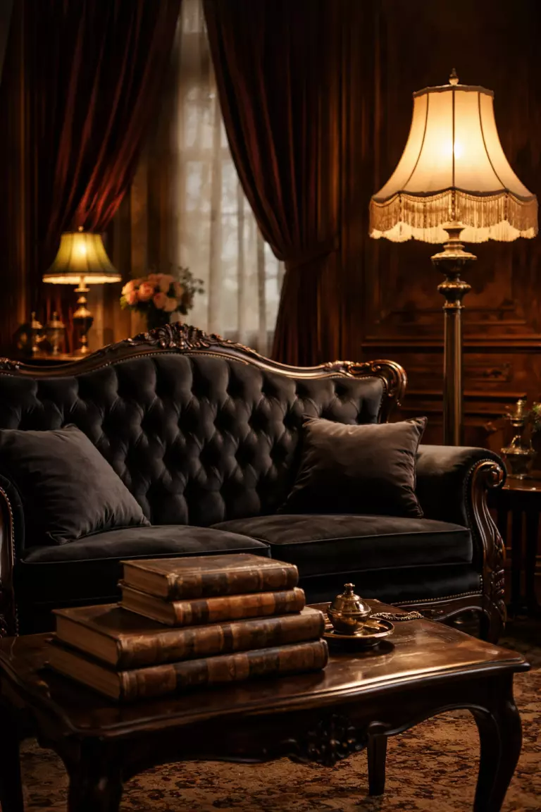 A realistic photo of a lounge area featuring a tufted black Victorian sofa, a stack of old leather bound books, and a tall floor lamp with a fringed shade.