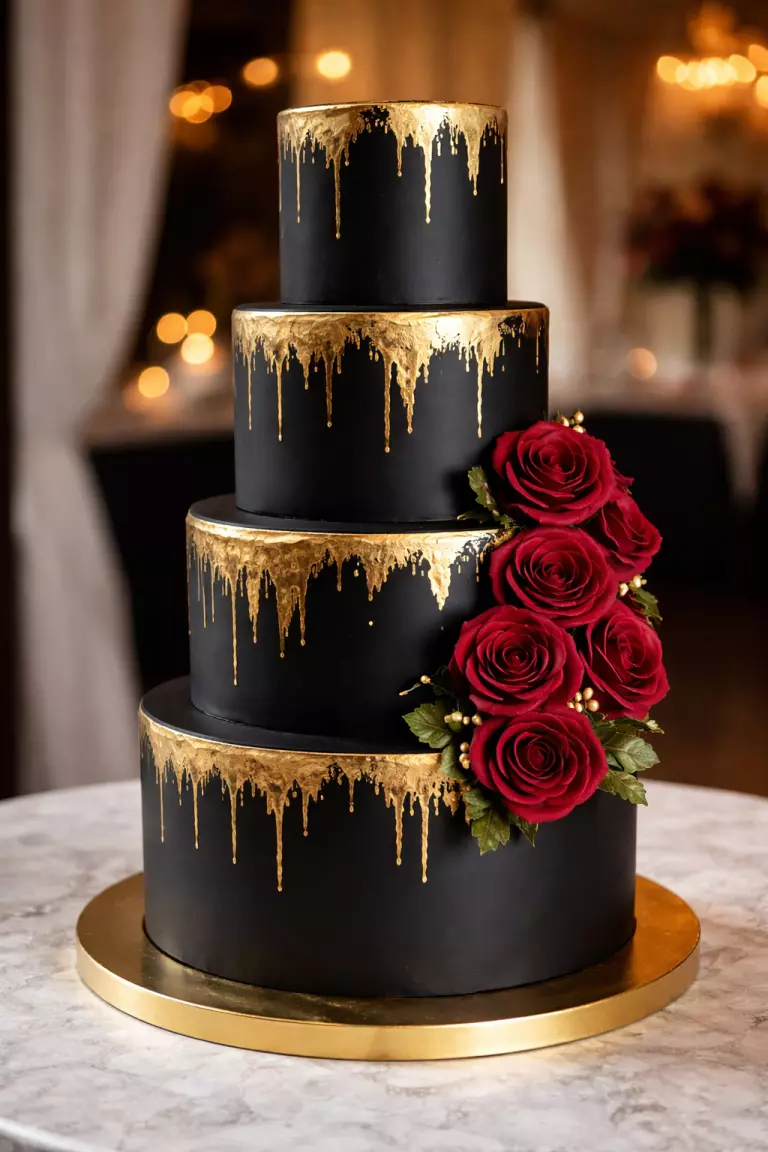 A realistic photo of a four tier wedding cake with smooth black fondant, gold leaf drips, and a cluster of deep red sugar roses on the side.
