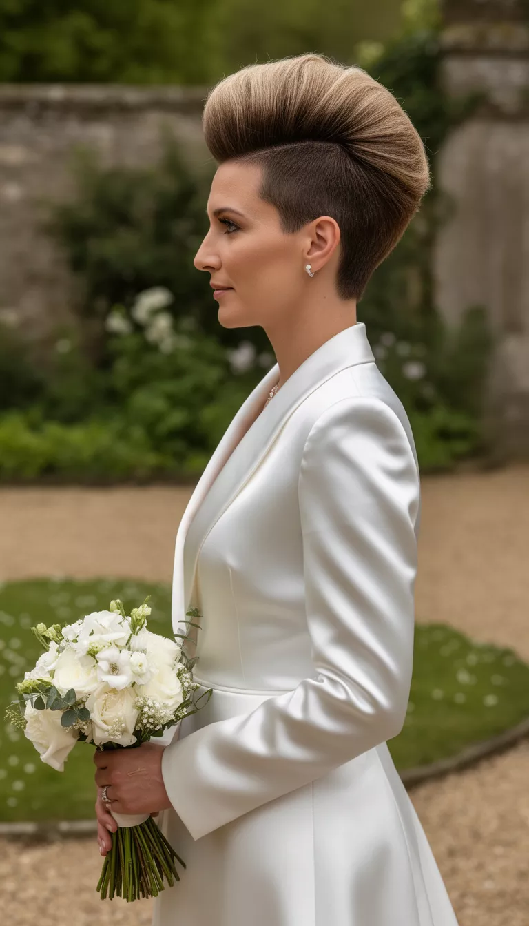casual photo of a 36-year-old bride wearing a sleek satin wedding suit with a high-volume short pompadour, profile view, shot with an iPhone 15 Pro Max