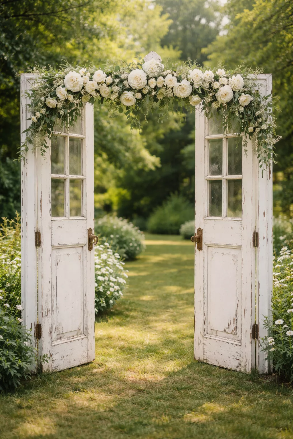 A realistic photo of weathered white vintage doors standing in a green garden decorated with a white floral garland across the top.