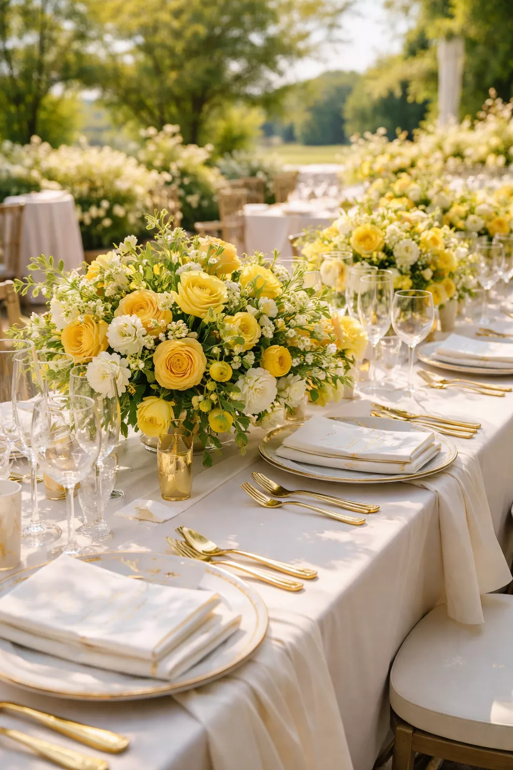 Island Citrus Bliss A realistic photo of a sophisticated summer wedding reception featuring vibrant yellow green centerpieces, soft cream linens, and elegant gold flatware on a polished white table overlooking a sunny garden.