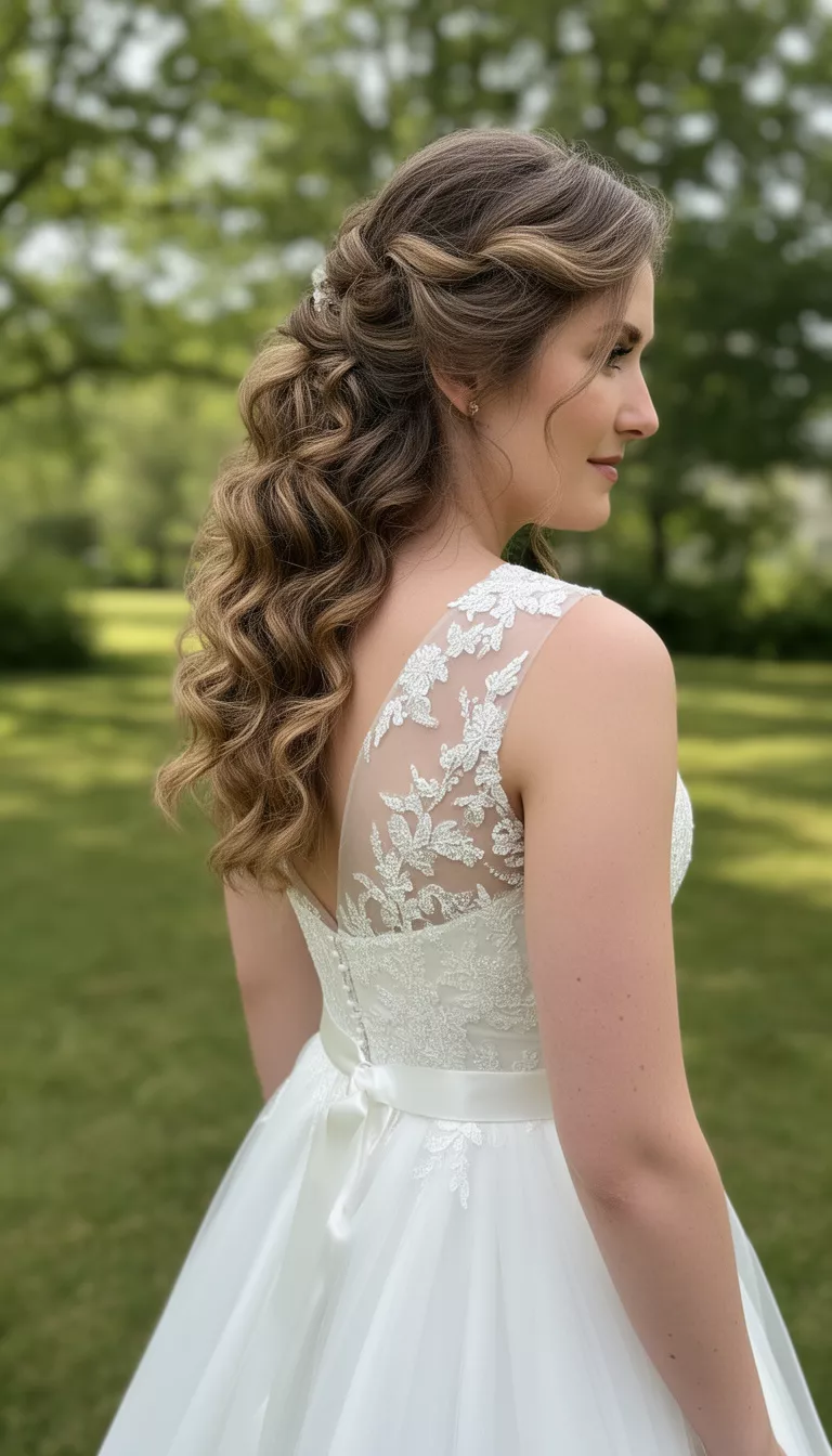 Side-Swept Romantic Curls casual photo of a 33-year-old bride wearing a one-shoulder wedding gown with side-swept romantic curls, side view, shot with an iPhone 15 Pro Max