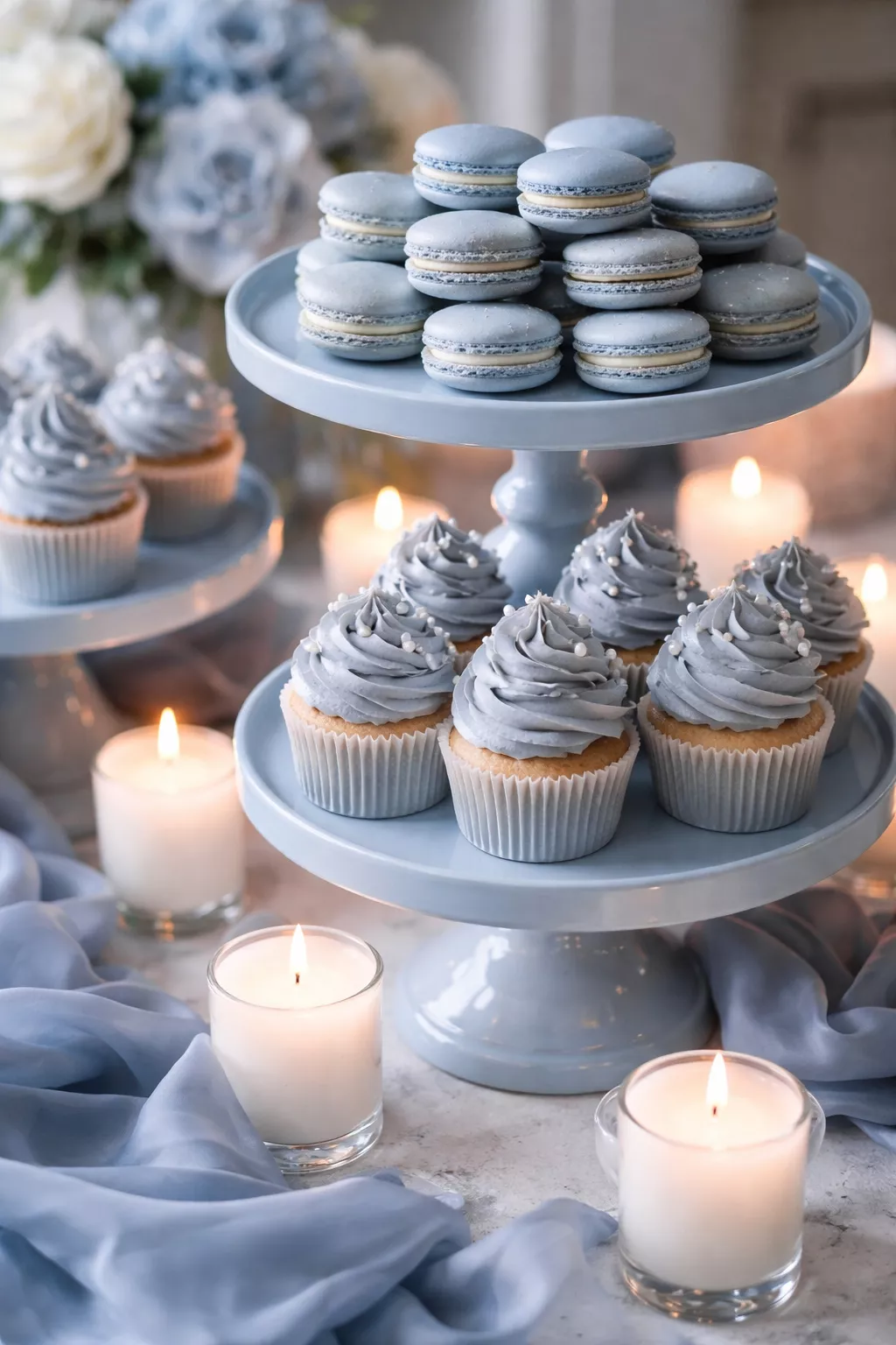 A realistic photo of a dessert table with dusty blue macarons and cupcakes on tiered blue stands with small white candles around the base