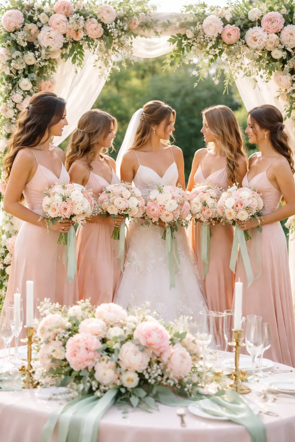 A realistic photo of an ethereal summer wedding with peach fuzz hued silk dresses, soft pink peonies, and mint green ribbon accents.