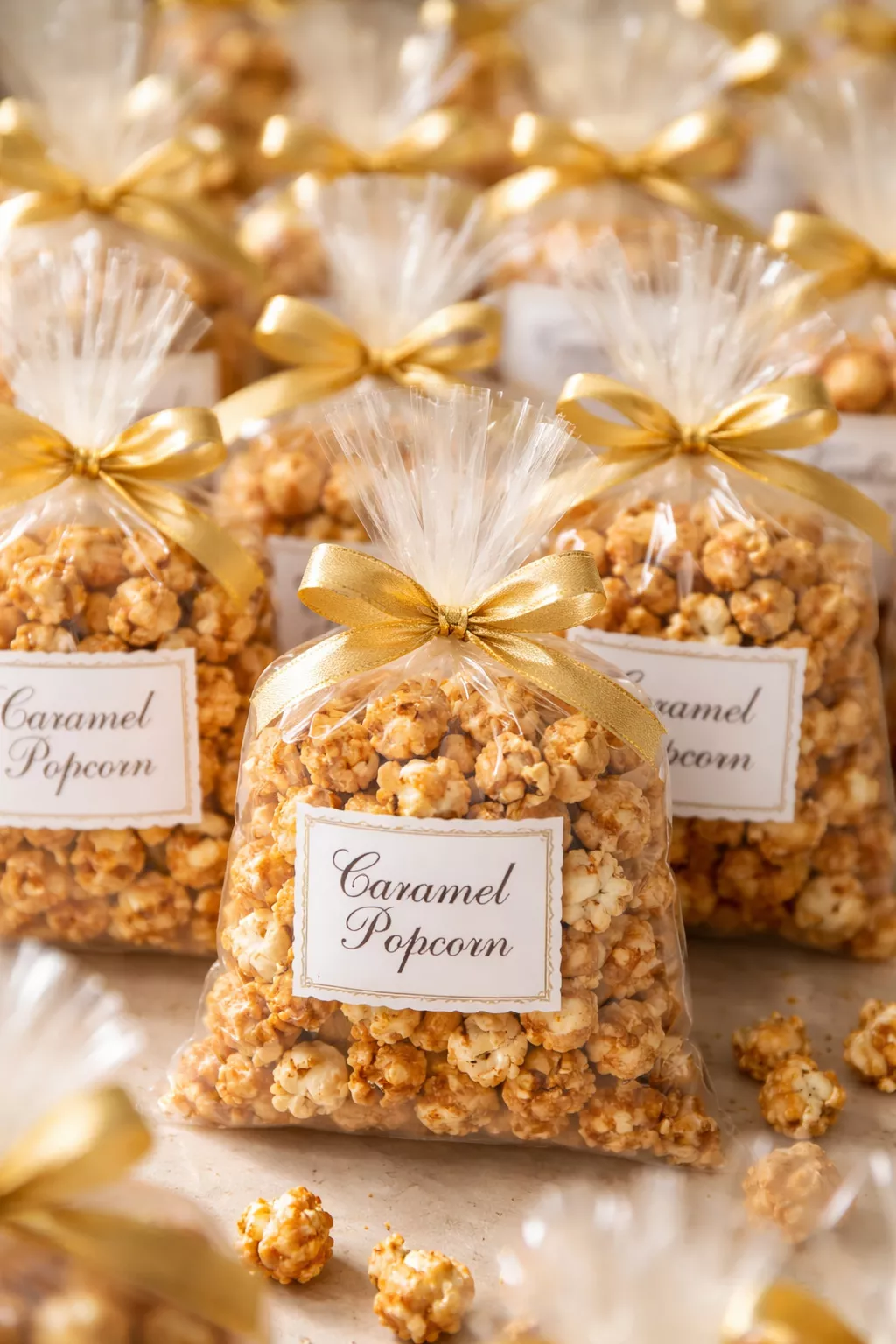Delicious Gourmet Popcorn Favors A realistic photo of small clear plastic bags filled with caramel popcorn and tied with a gold ribbon and a white label.
