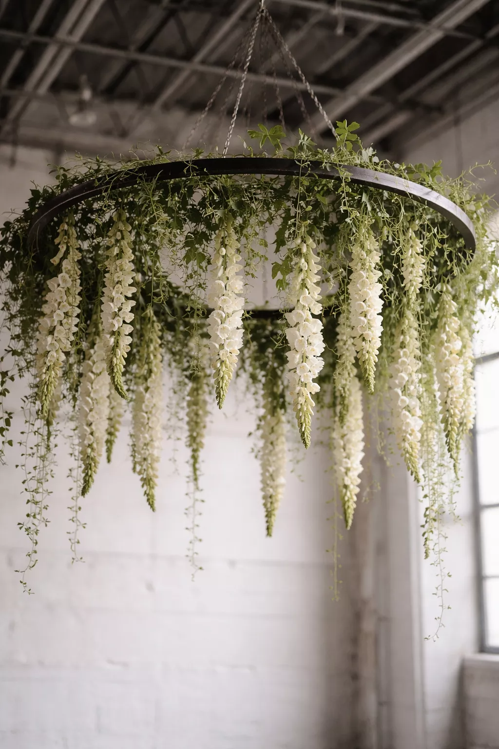A realistic photo of a large circular metal hoop suspended from a ceiling with hanging white foxgloves and green vines overhead.