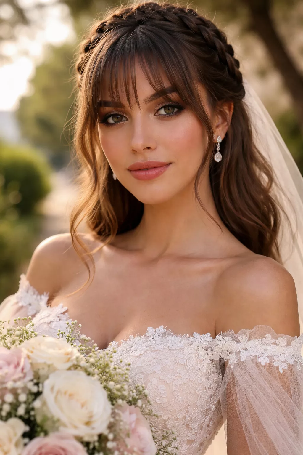 close-up realistic photo of a 29-year-old Italian bride wearing a romantic lace gown with a Double Braid Crown with Curtain Fringe, shot with an iPhone 15 Pro Max