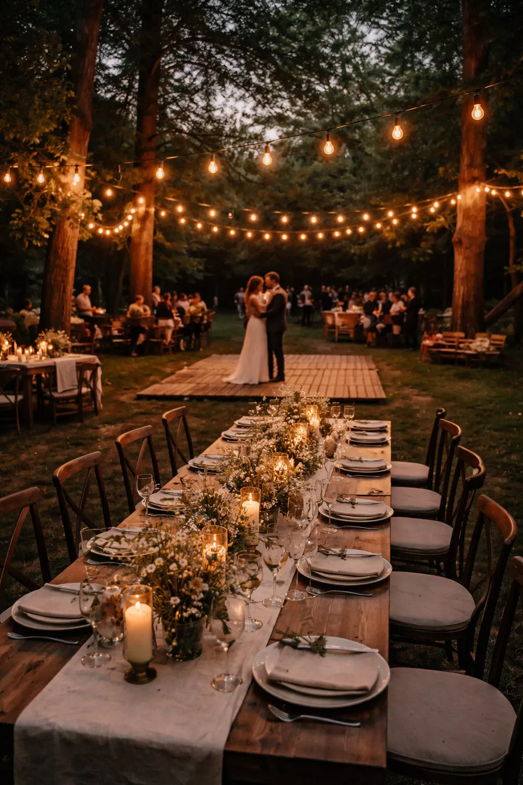 Intimate Backyard Ceremony A realistic photo of a cozy backyard wedding at dusk featuring warm Edison string lights, a rustic wooden pallet dance floor, and a long farm table set with linen runners and wildflower centerpieces.